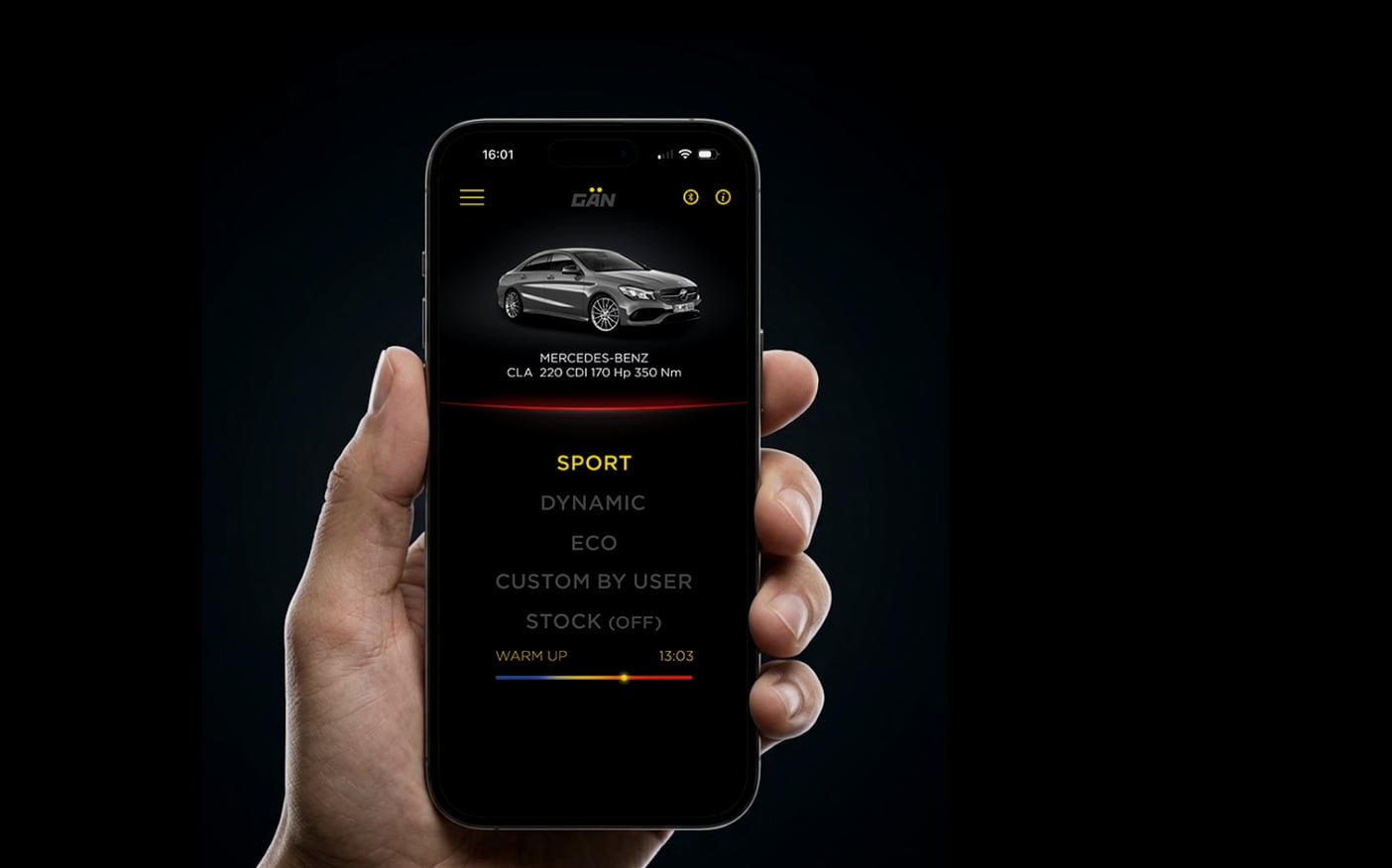 GAN app on a smartphone: SPORT, DYNAMIC, ECO, CUSTOM BY USER and STOCK modes