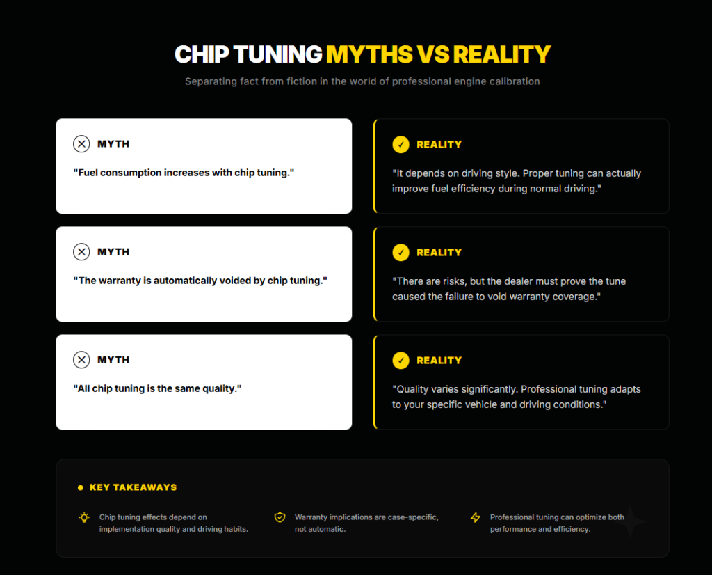 Chip tuning myths vs reality. An infographic debunking chip tuning myths