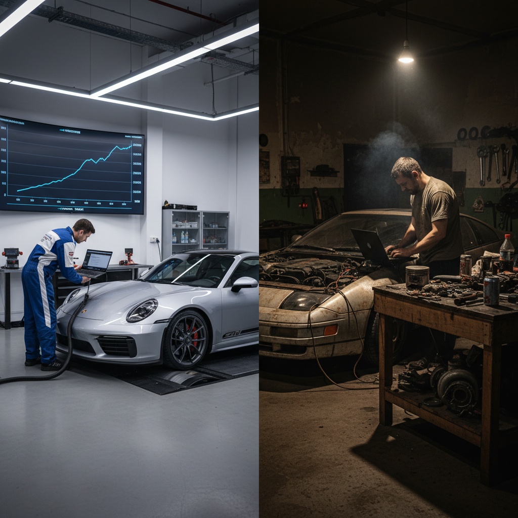 A diagram of the chip tuning process: reading the factory software from the ECU, modification by a specialist, and writing it back to the control unit