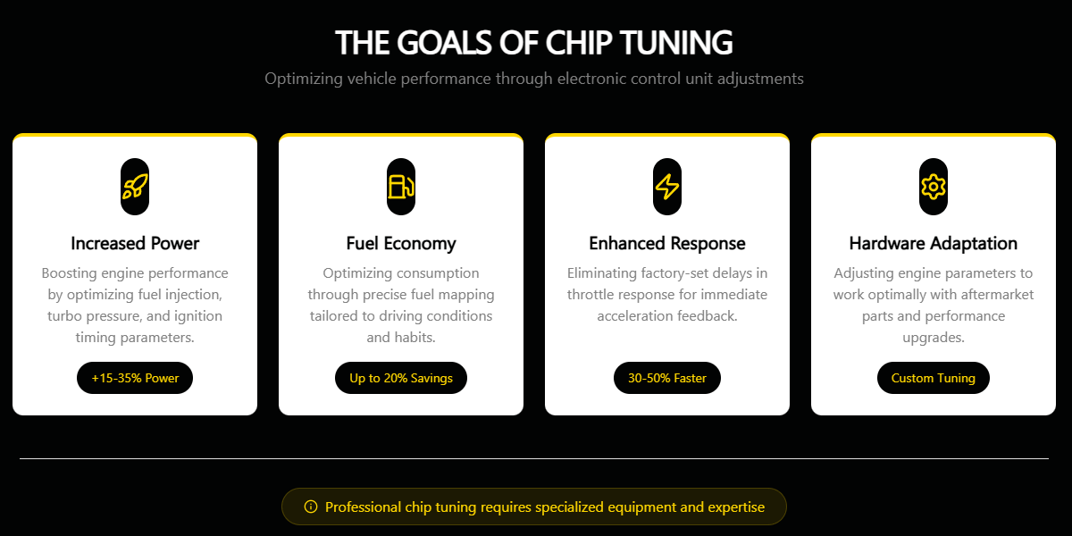 Infographic showing the main goals of chip tuning: increasing power, reducing consumption, improving response, and adapting to hardware.